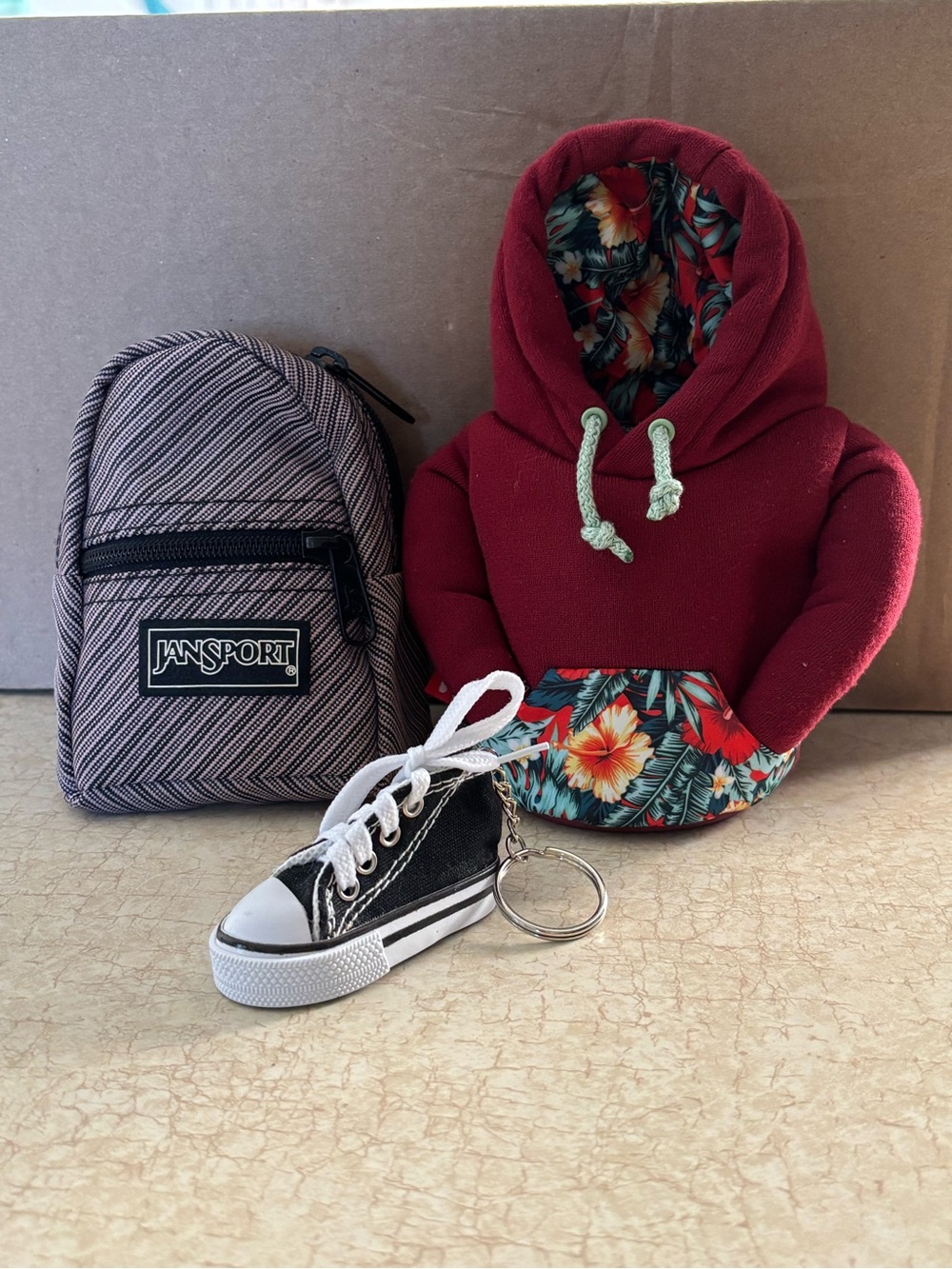 Jansport Mini Backpack, Hoodie Koozie & Converse Sneaker Keychain Set